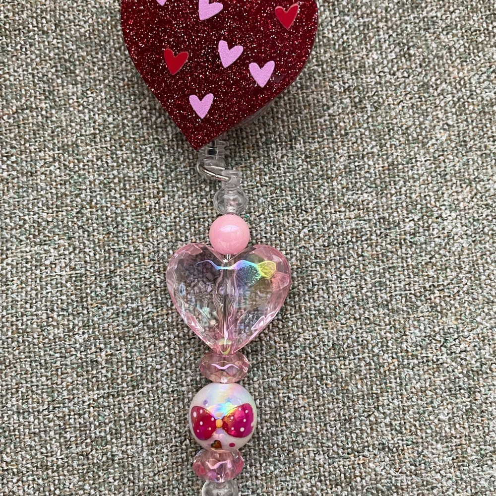 Heart Shaped Glittery Badge Reel with Beads
